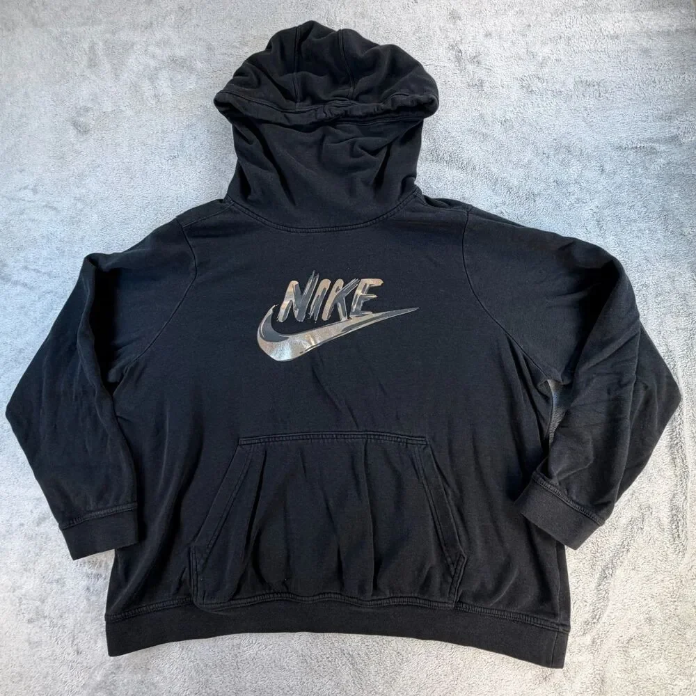 Nike Hoodie Women’s 1X Pullover Sweatshirt Black Metallic Swoosh Logo